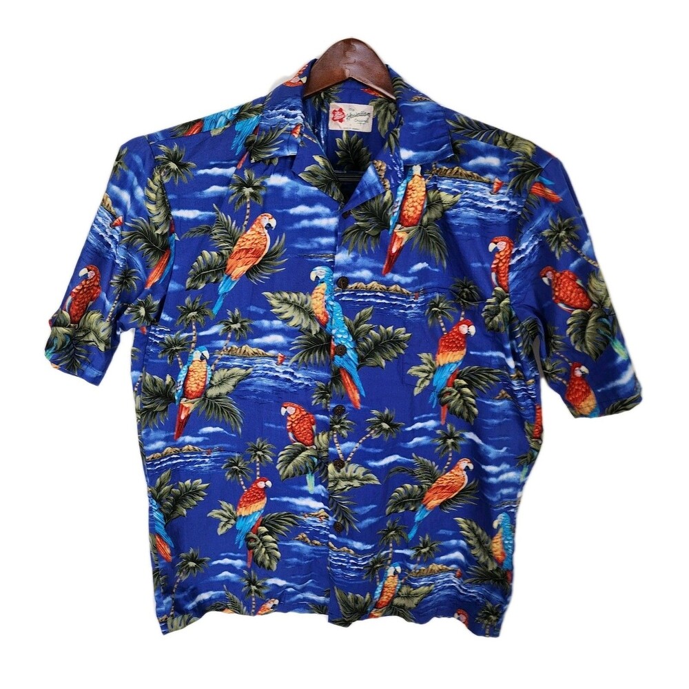 VTG 90s Hilo Hattie Hawaiian Shirt Mens M Blue Parrot Macaw Tropical Made in USA